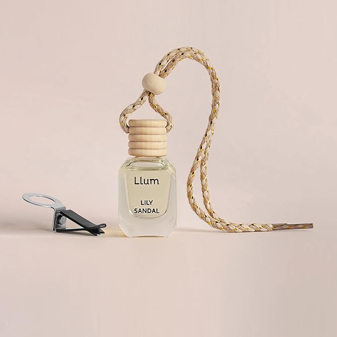 Llum Lily Sandal Hanging Car Air Freshener – Luxury Automotive Perfume Diffuser 10ml (0.34 fl oz), Long-Lasting Fragrance, Alcohol-Free Non-Toxic Car Scent, Glass Bottle With Wood Cap & AC Vent Clip