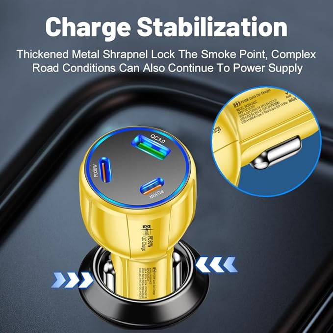 3-Port 90W USB C Car Charger, PD30W & QC3.0 Fast Car Charger Cigarette Lighter Plug Adapter for iPhone/Android/Samsung/iPad (Yellow)