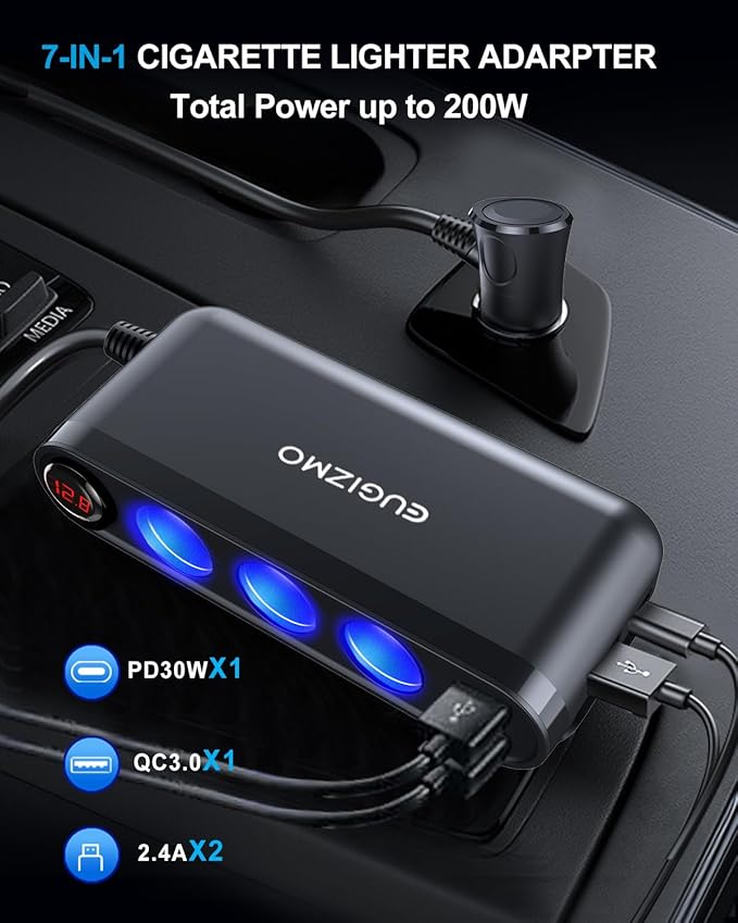 EUGIZMO USB Cigarette Lighter Adapter, 200W Car Cigarette Lighter Plug Splitter Adapter USB Charger Extension Cord 3 Socket Way 12V/24V Car Charger Adapte r Splitter Port for Plug Outlet