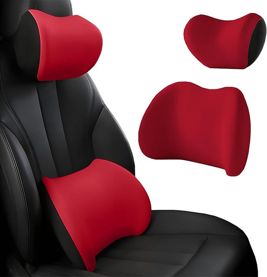 Car Headrest & Lumbar Support Cushion, Car Headrest and Lumbar Support, Ergonomic Car Seat Headrest & Lumbar Cushion, Car Head Rest and Lumbar Pillow Set for Neck Back Pain Relief (Red)
