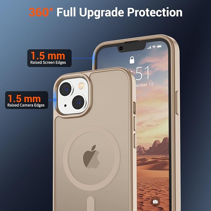 SUPFINE Magnetic for iPhone 14 Case & iPhone 13 Case (Compatible with MagSafe)(Military Grade Drop Protection) Slim Translucent Matte Shockproof Phone Cover,Desert Gold