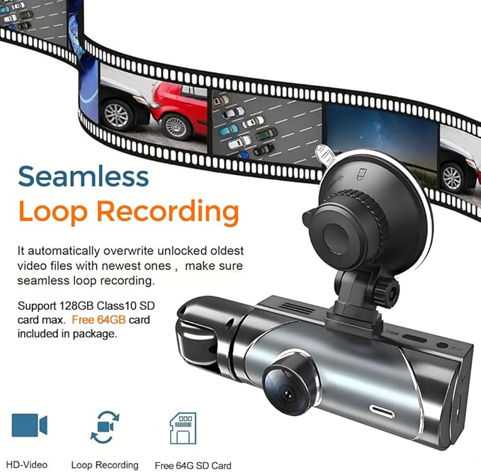 1080P Dash Cam Front Inside, Full HD Dual Dash Cam for Cars, WiFi Dash Camera, 3.16" Screen,Night Vision,G-Sensor, Loop Recording, APP Control, 170°Wide Angle, Include 64GB Card