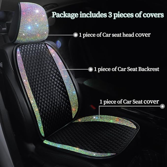 Bling Crystal Diamond Sparkly Glitter Car Seat Cover Premium PU Front Seat Protector Pad Works with 95% of Vehicles Bling Bling Rhinestones Auto Interior Accessories Color 1 Seat