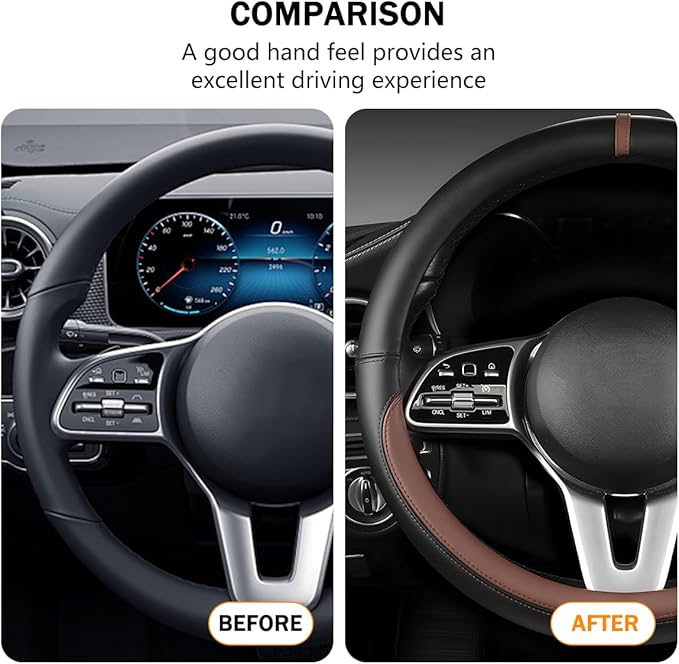 Car Steering Wheel Cover, 15 Inch Leather Anti-Slip Breathable Vehicle Steering Wheel Protector, Automotive Interior Protection Accessories, Universal for SUV Sedan Truck (Black/Coffee)