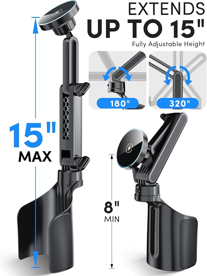 ELWEY for Magsafe Car Mount Charger Wireless, Upgraded 3 in 1 Cup Phone Holder with Dual Flexible Bases, 15W Fast Charging Phone Holder Magnetic, Powerful N55 Magnet, 15" Height, for iPhone 17 16 15