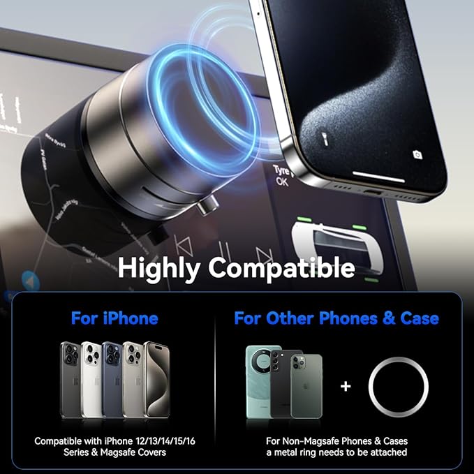 Vacuum Magnetic Suction Phone Holder,Upgraded 360° Adjustable Suction Cup Car Phone Mount,Hands-Free Cell Phone Holder for Car/Gym/Mirror/Smooth Surface,Compatible with iPhone 16/15/14/13/12 Series