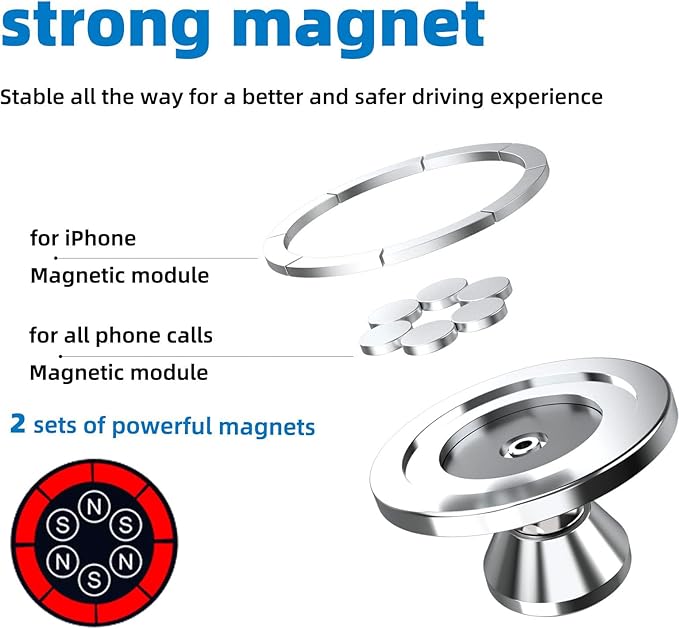 Magnetic Phone Holder for Car, [ 2 Groups Super Strong Magnet ] [ 360° Rotation ] Universal Dashboard Car Mount Holder Compatible with All Smartphones (Silver)
