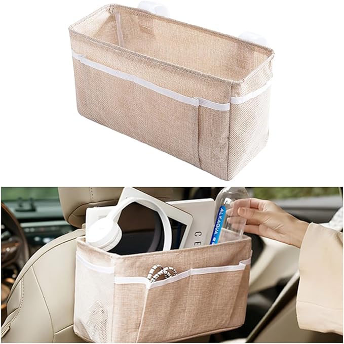 Car Seat Back Organizer, Linen Hanging Self-Adhesive Vehicle Backseat Storage Bag with Multiple Pockets, Auto Caddy for Book Water Bottle Holder, Universal for SUV, Truck, Van (Beige)