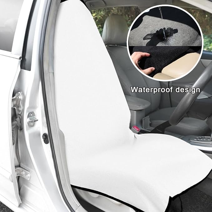2PCS Car Towel Seat Cover, Waterproof Sweating Non-Slip Premium Soft Towel Carseat Protector, Universal Machine Washable Car Truck SUV Front Seat Cover for Gym Workout Beach Hiking (White)