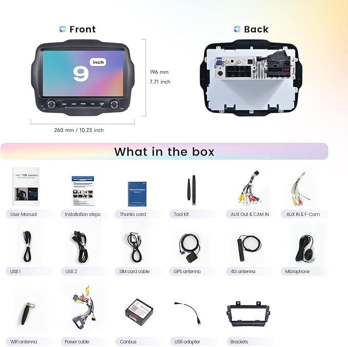 9'' QLED Screen Car Radio for Jeep Renegade 2015-2022, GPS Navigation, with Wireless Carplay & Android Auto, 8+256GB Stereo, DTS Sound, Built in Gyroscope, Physical Knob