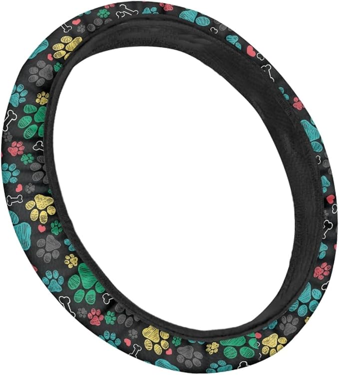 AFPANQZ Puppy Paws Print Steering Wheel Protection Stretch-on Fabric Machine Washable Women Men Neoprene Automotive Steering Wheel Covers Sweat Absorption Comfort Grip for Driver Black Colorful