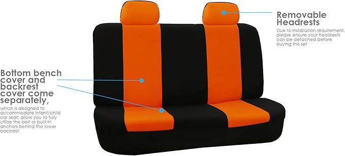 FH Group Car Seat Covers Flat Cloth Automotive Orange Full Set, Rear Solid Bench Universal Fit Combo Steering Wheel Cover & Seat Belt Pads Car Seat Protector for Cars Trucks SUV Interior Accessories