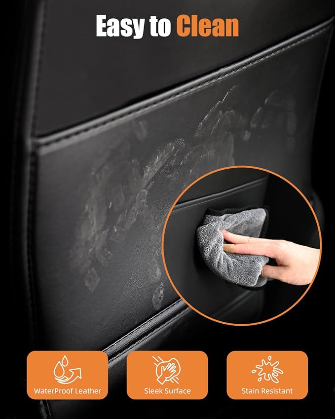 Leather Seat Back Protector Designed for Tesla Model Y Model 3 Model S/X Accessories(Includes 2025 Model Y & 2024-2025 Model 3 Highland), Wear-Resistant Kick Mats with Organizer Pocket, Set of 2