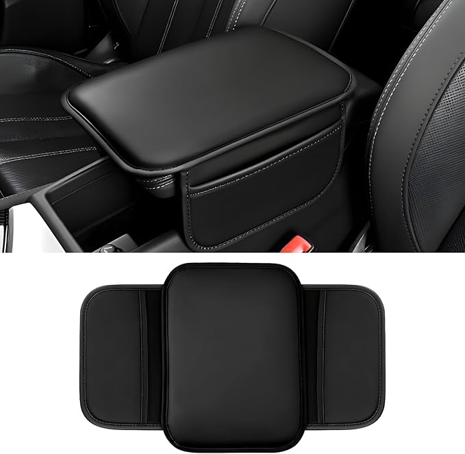 Car Center Console Cover, 11.6"×8.3" Leather Car Armrest Cushion Pad with 2 Storage Pockets, Comfortable Arm Rest Box Cover Mat for Most Vehicles, Universal Interior Accessories (Black)