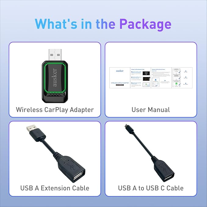 Wireless CarPlay Adapter for iPhone, Car Play Wireless Adapter Mini Size with USB A/USB C Extension Cable for Cars with Built in Wired CarPlay, Plug and Play, No Latency & Stable Connection