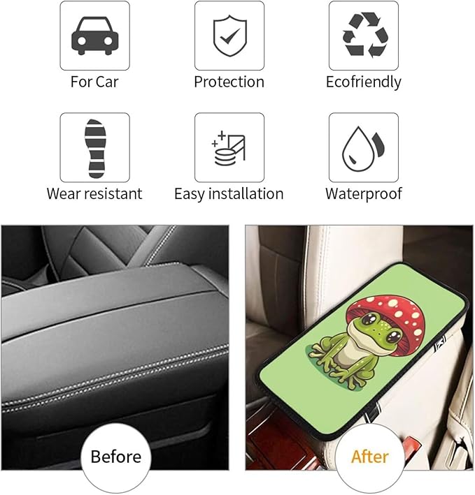 Frog Center Console Cover Mushroom Car Armrest Cushion Pad Sage Green Arm Rest Protector Console Box Covers Cars Decor Accessories