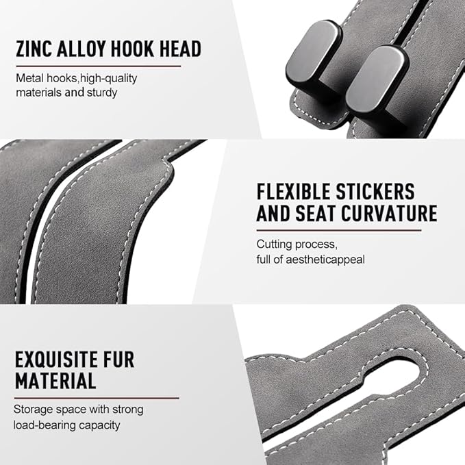 Car Seat Back Storage Hook, 2026 New Two Hook Fur Leather Seat Back Headrest Hanger Genuine Leather Double Metal Hook for Backseat Organizer, Car Organization Accessories (4, Brown)