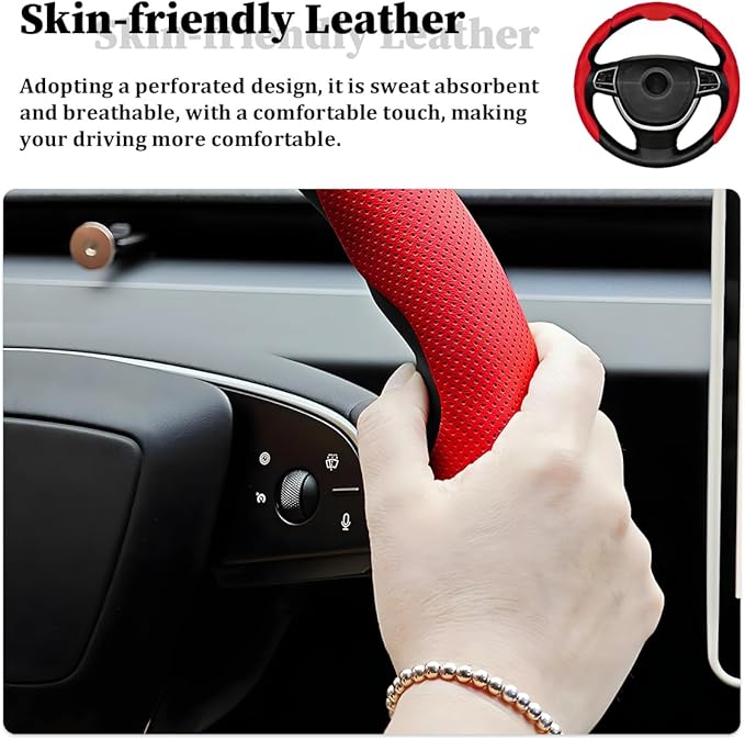 3PCS Car Steering Wheel Cover, Nappa Leather Breathable Non-Slip Segmented Steering Wheel Protector, Snap-on Auto Interior Decoration Accessories, Universal Fit (Red)