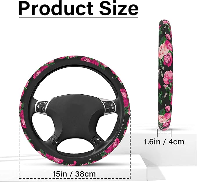 Red Rose Steering Wheel Cover, Cute Print Steering Wheel Cover Protector, Ultra-Thin with Personalized Pattern Design, Car Accessories for Women, for Steering Wheel with a Diameter of 14.5"-15"