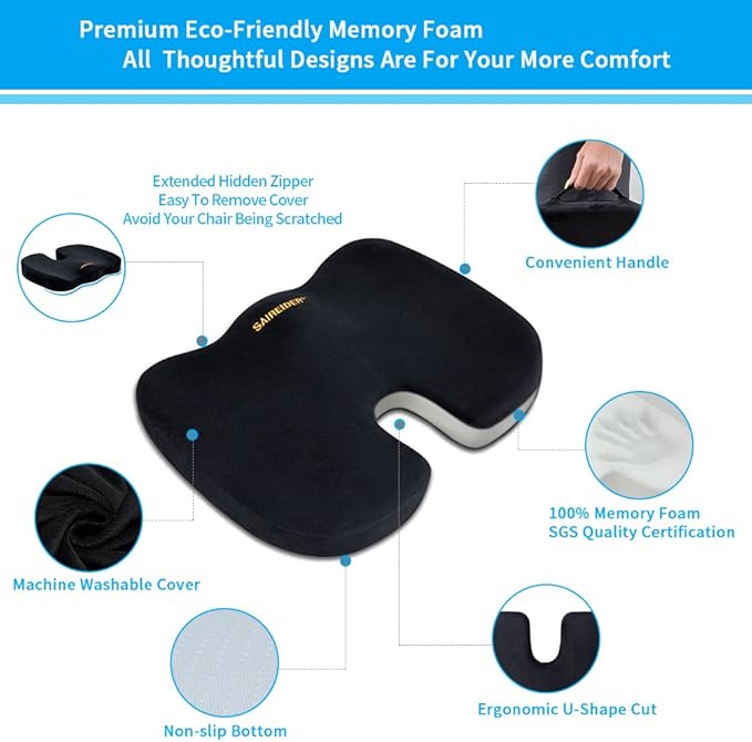 SAIREIDER Office Chair Cushion, Car Seat Cushion, Memory Foam Coccyx Cushion Pads for Tailbone Pain, Sciatica Relief Pillow, Correct Sitting Posture (Black)