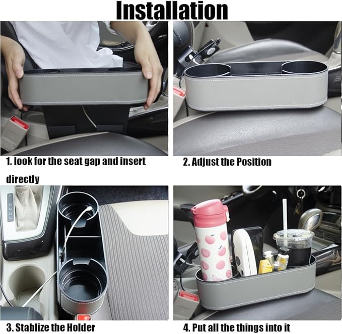 Cup Holder for Car Seat Gap Organizer, Multifunctional Cup Drink Holders with PU Leather Cover,Side Insert Center Console Gap Filler Storage Box for Mug Bottle CellPhones Keys Coffee Coasters grey2