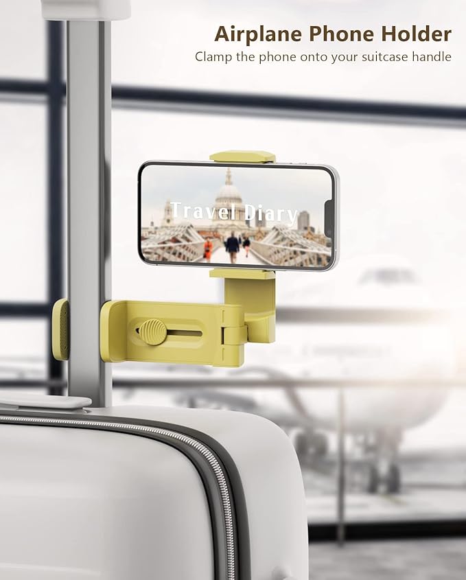 MiiKARE Airplane Travel Essentials Phone Holder, Universal Handsfree Phone Mount for Flying with 360 Degree Rotation, Accessory for Airplane, Travel Must Haves Phone Stand for Desk, Tray Table, Yellow