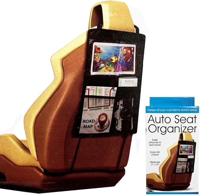 Car Backseat Organizer 11X19" Tablet Hold 3 Storage Pockets Travel Accessory Blk Seat Back Protector Kick Mats for Kids Toddlers, Travel Accessories Auto Seat Storage Hanging Bag, Phones, Drink, Stuff