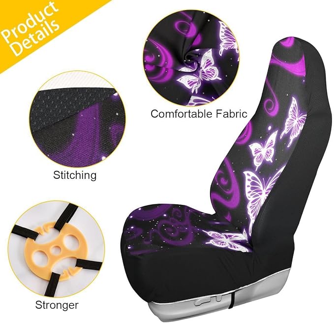 Butterfly Car Seat Covers Set of 2,Purple Butterflies Abstract Design Universal Auto Front Seat Protector Vehicle Seat Cushion Cover for Women Men Cute Car Accessories Fit for Car SUV Truck