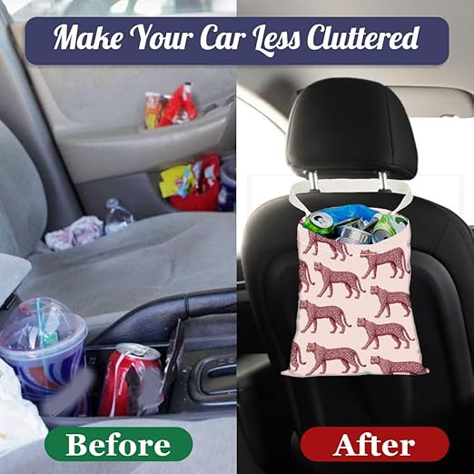 Leopard Print Car Trash Bag Hanging Garbage Bag with Snap Buttons Car-Back Seat Trash Storage Portable Dustbin for Car Interior Accessories Travel Camping
