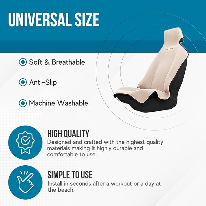 DryvaSeat - Premium Microfiber Towel Car Seat Cover - Waterproof & Sweatproof - Universal Fit, Machine Washable, Non-Slip - Seat Protector for Car, Truck, SUV, Van (Beige, 1 Pack)