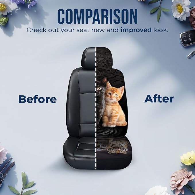 GENANY Cute Cats Car Seat Covers Set of 2, Breathable Front Seat Covers for Truck Sedan SUV, Cat Themed Car Accessories, Cat Gift for Women Men