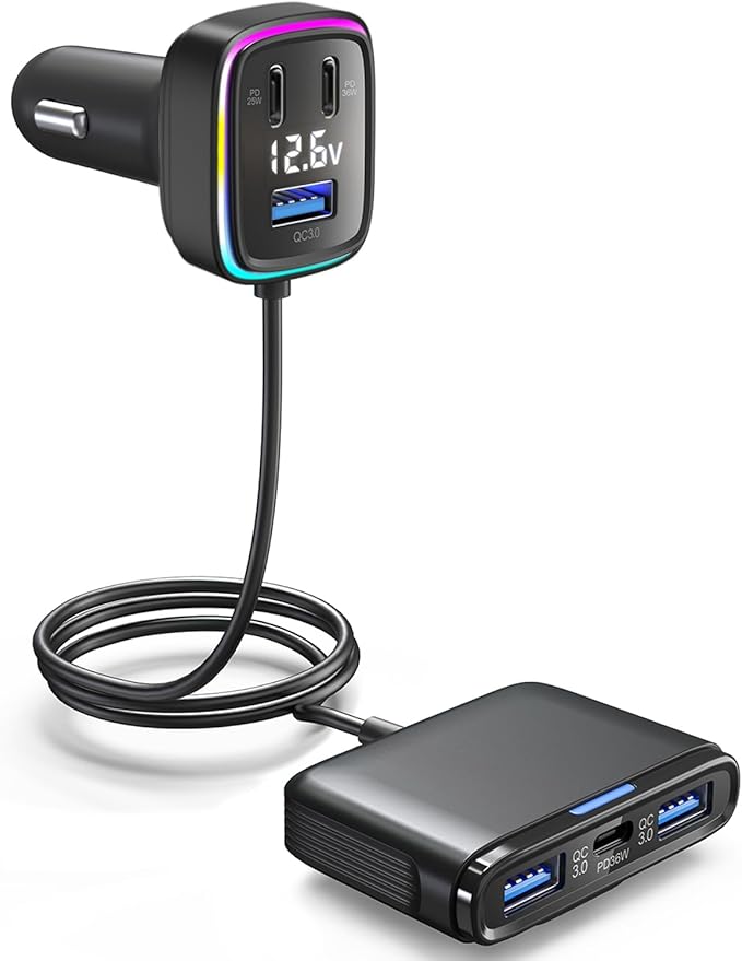 5FT Cable 115W 6-Port Multiport Car Charger, Cigarette Lighter USB Splitter PD 36W, QC3.0 USB C A Fast Charging,Back Seat Charging, Car Travel Essentials for Road Trips