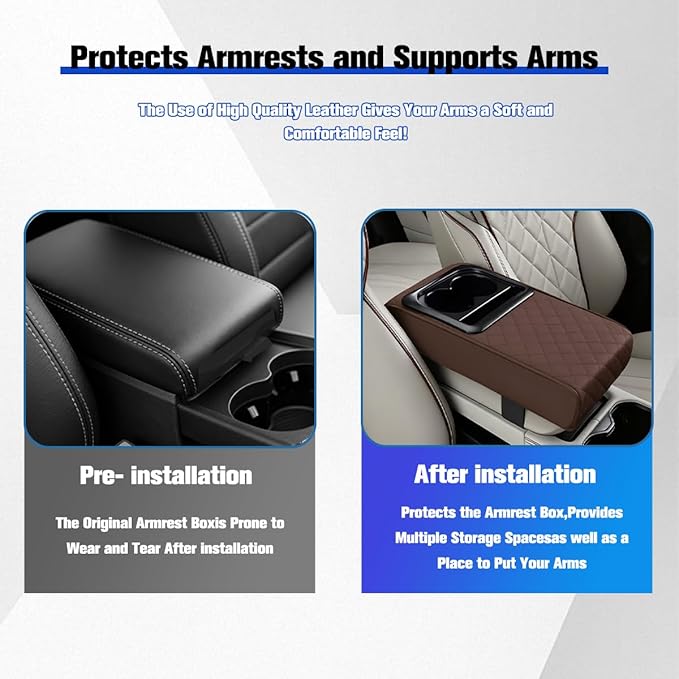 Car Center Console Armrest Pillow, Vehicle Armrest Seat Box Cushion Pad with Cup Holder & Phone Holder, Comfortable Auto Middle Console Cover, Universal for SUV RV Truck (Diamond, Coffee)