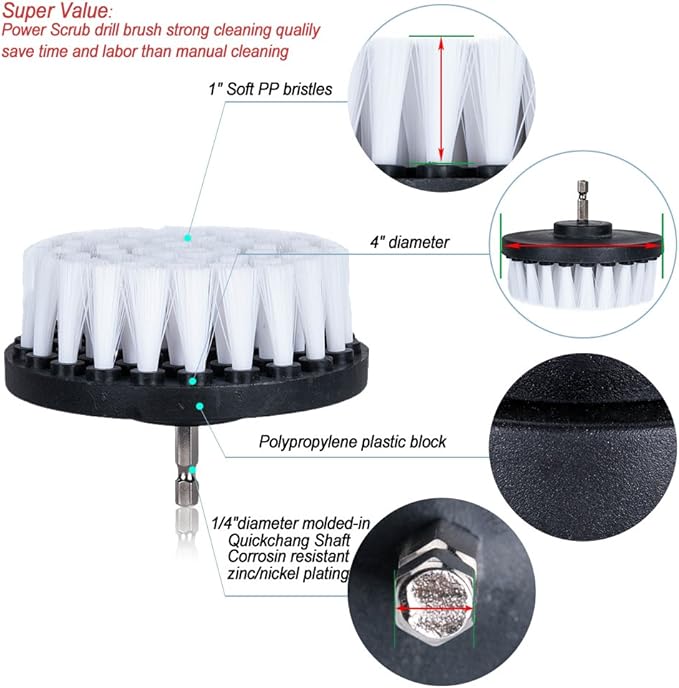 HIFROM Drill Brush - 4 inch White Scrub Brush Drill Attachment Soft Bristle Quick Change Shaft Scrub Cleaning Brush for Carpet Upholstery Leather Glass (Pack of 2)