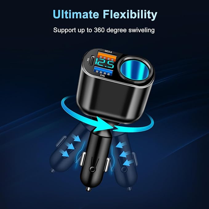 USB C Car Charger, 90W Cigarette Lighter Adapter Dual USB Fast Charging PD QC 3.0, 12V/24V Car Charger Socket Splitter with LED Voltmeter for Smart Phone GPS Dash Cam