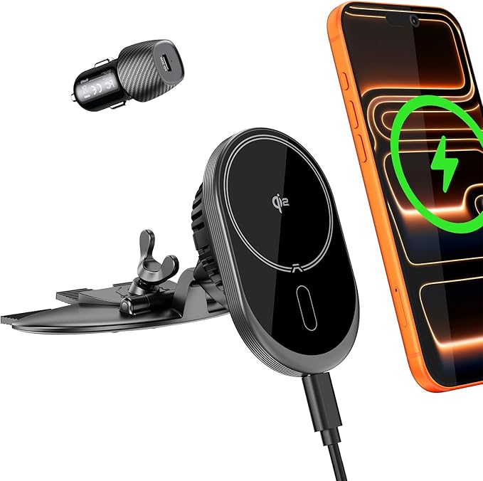 1Zero Qi2 15W CD Car Mount Charger for Magsafe, Strong Magnetic Phone Holder for CD Slot Charging, Fast Wireless Car Charger Mount Fit for iPhone 17 16 15 14 13 12 Pro Max Plus Mini (for Qi2 Charging)