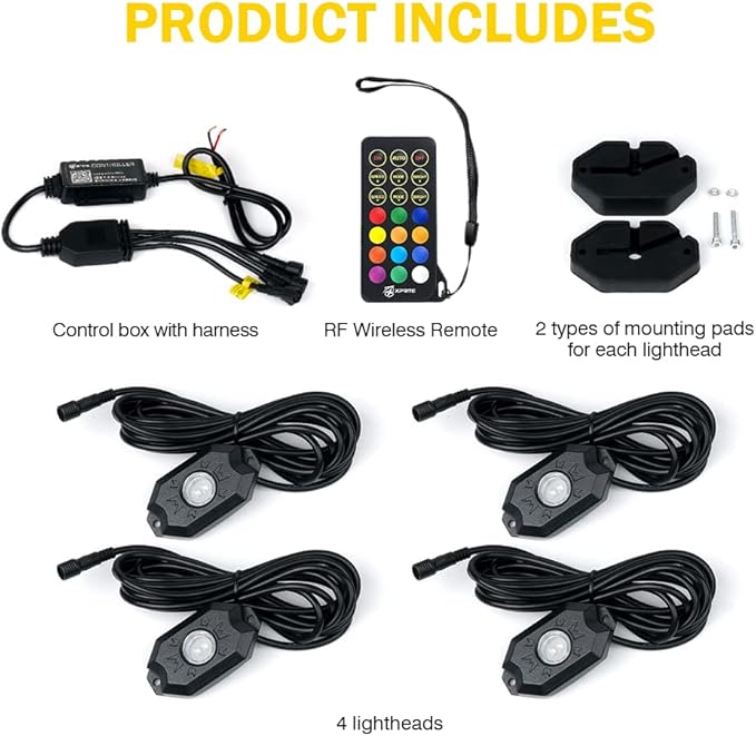 Xprite RGBW LED Rock Lights Kit with Bluetooth & Wireless Remote Controller, Multicolor Cars Underglow, Wheel, Footwell Neon Light Kits, for Off-Road UTV ATV Trucks SUV Motorcycle Boats - 4 Pods