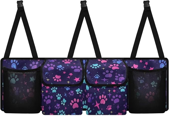 Hanging Car Trunk Organizer with 4 Pockets Dog Paw Print Stars Auto Back Seat Storage Bag Auto Interior Accessories for Sedans SUV MPV Trucks Jeep Pickup