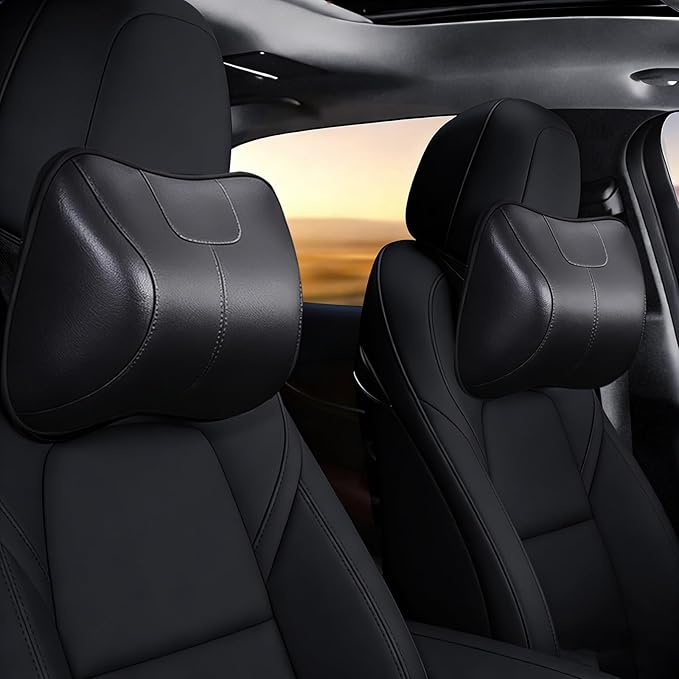 2PCS Leather Memory Foam Car Headrest Pillow Ergonomic Neck Pillow, Universal for Tesla Model Y/3/X/S BMW X3 X5 Lexus TX350 NX350 350h RX350 Volvo XC60 XC90 for Neck Pain Relief(Black)