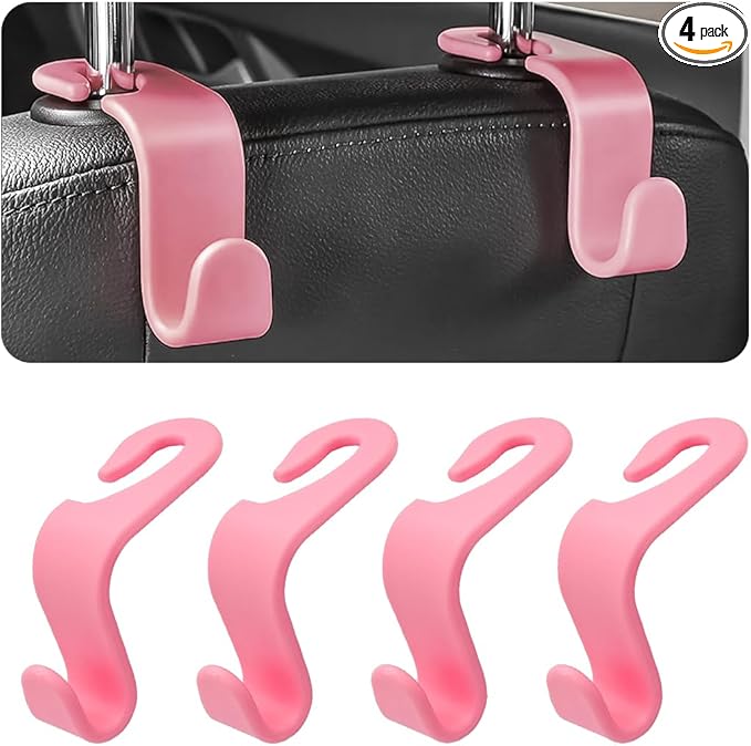 4PCS Car Back Seat Headrest Hooks, Rear Car Seat Storage Headrest Hanger Holder Hooks Organizer, Universal Auto Interior Accessories for Bag Purse Handbag Cloth Coats Grocery (Pink)