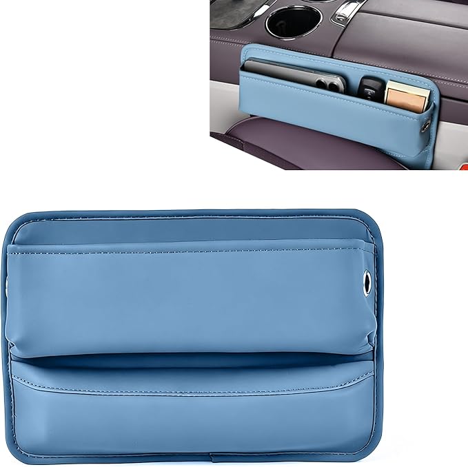 Leather Car Seat Gap Filler, Waterproof Anti-Slip Side Storage Pouch for Phones Keys Glasses Cards, Universal for Most Cars, SUVs, Trucks (Blue)