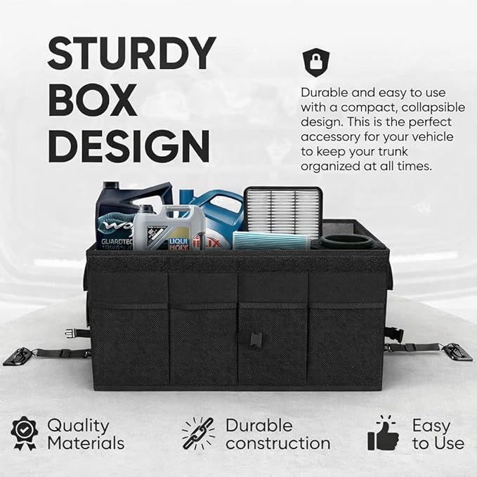 Large Car Trunk Organizer with Lid – Foldable Collapsible Storage Box, Heavy Duty, Multi-Compartment, Non-Slip Bottom, Durable Car Storage Organizer for SUV, Truck & Auto Accessories