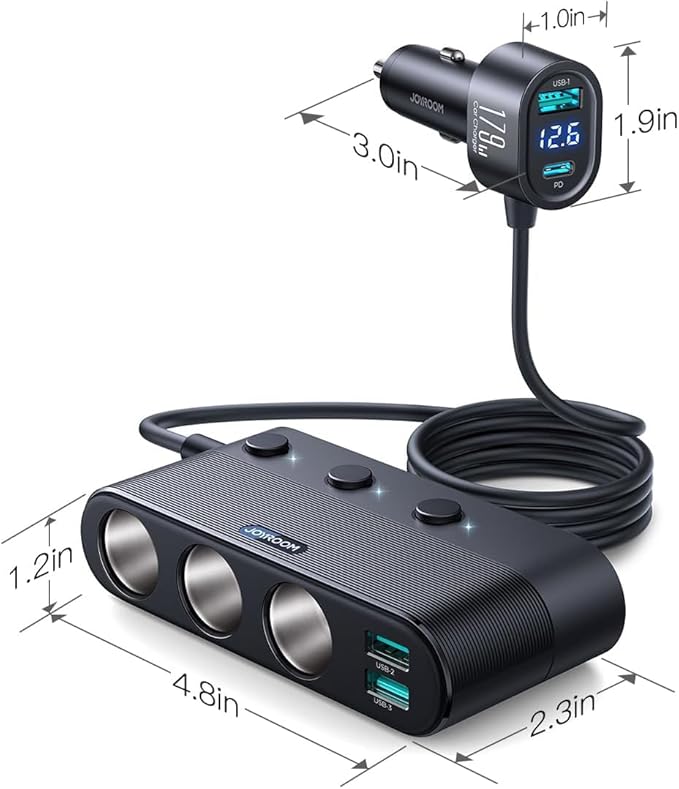 [2026 Upgraded] 7 in 1 Cigarette Lighter Adapter, JOYROOM 179W Car Charger Adapter with PD30W Charge(3.3FT Cable), 24V/ 12V Cigarette Lighter Splitter with Independent Switches & LED Voltage Display