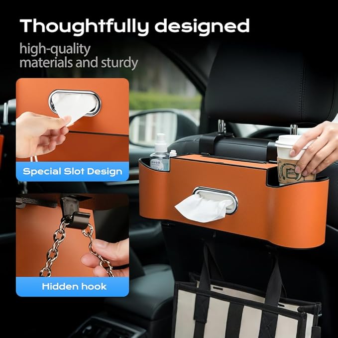 3-in-1 Car Backseat Organizer, 2026 New Multifunctional Back Seat Car Organizer with Cup Holder, Tissue Box, Trash Bin & Hooks for Hold Phones, Snacks, Drinks, Handbags (1, Red)