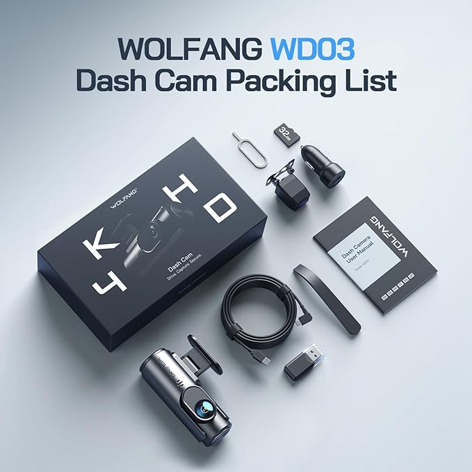 WOLFANG 4K Dash Cam Front and Rear WiFi Dashcam, Dual Car Camera Dash Cam with Super Night Vision, Loop Recording, G-Sensor, 170 Wide Angle, Parking Guard, with SD Card, APP Control