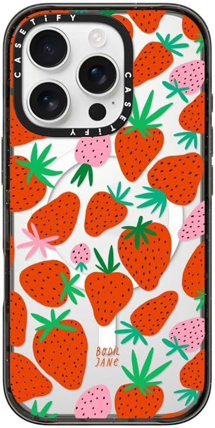 CASETiFY Impact Case for iPhone 16 Pro [Slim / 8.2 ft. 4X Military Grade Drop Protection/Compatible with Magsafe] - Strawberries - Clear Black