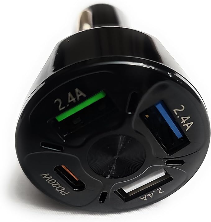4 Port USB Fast Charging Cigarette Light Car Charger 3 * 2.4 A USB/ 1 PD20W LED Light Compatible with Tablets Cameras iPhone 14 13 12 11 Pro Max X XR XS Samsung Galaxy Series Google Pixel Android/iOS