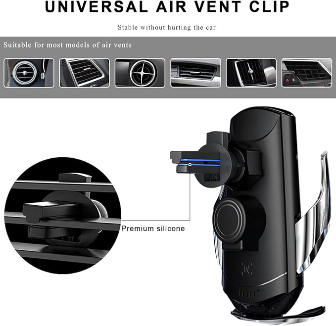 Wireless Car Charger, 15W Fast Charging Air Vent Mount Auto-Clamping Phone Holder, Automotive Electric Induction Charger 360° Rotating Magnetic Vent Mount Bracket for Smartphones (Silver)