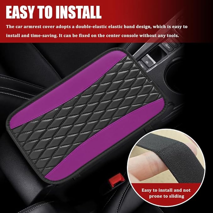Car Center Console Cushion Pad, Armrest Cover for Car, Leather Waterproof Armrest Seat Box Cover, Auto Accessories Comfortable Arm Rest Box Cushion Pad for Most Vehicles (Purple)