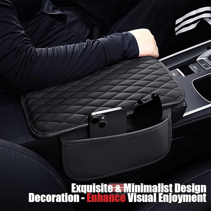 ESKONKE [Upgraded] Car Center Console Cover with 2 Storage Bags - Premium Nappa Leather Armrest Cover, Scratch & Wear Resistant, Waterproof Car Interior Accessories (Black)
